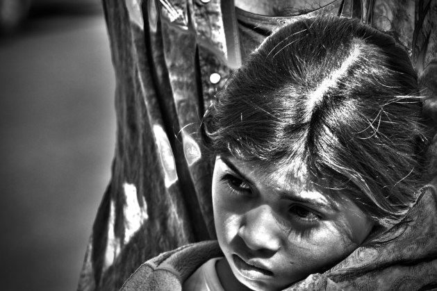 Black and white of little girl slightly surrealistic