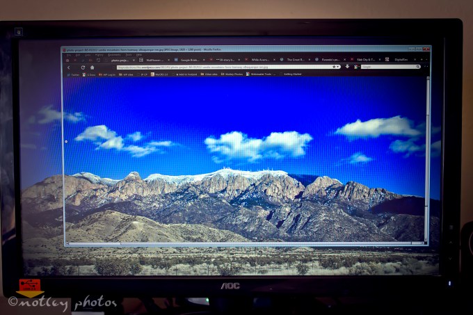 Photo Project 365 020412 Monitor browser with Sandia Mtns overlaying desktop background of Sandia Mtns