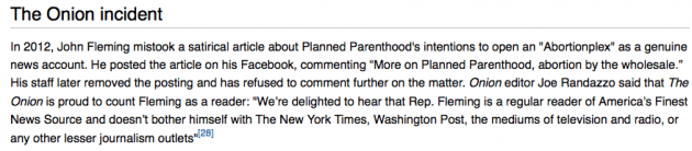 Wikipedia entry about John Fleming citing The Onion as fact