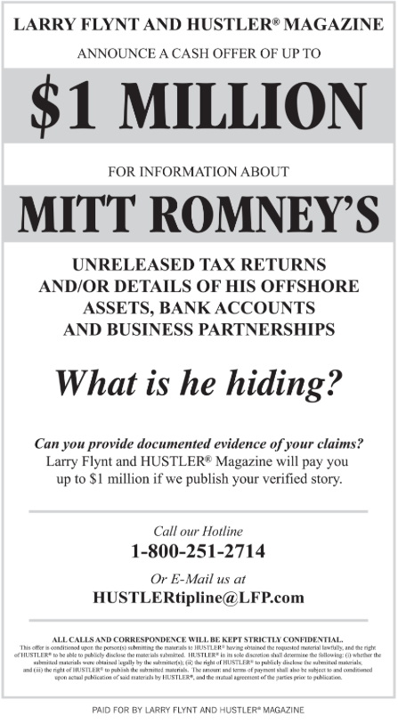 Larry Flynt's ad offering one million dollars for Romney's tax returns