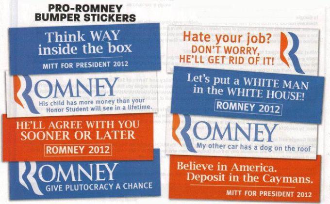Pro Romney bumper stickers satire