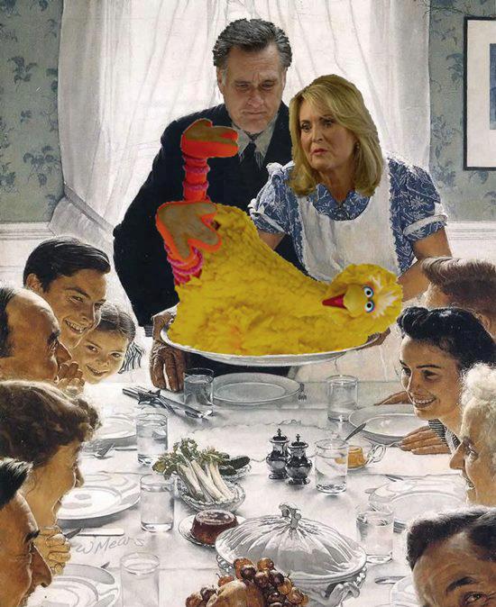 Romney family Thanksgiving dinner Ann serving the Big Bird turkey