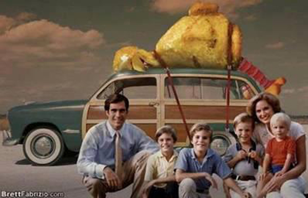Young Romney family vacation Big Bird on top of woody car