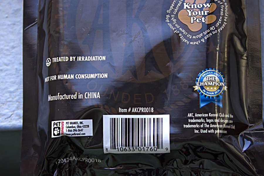 Rawhide from China Manu in China AKC rawhide back of package