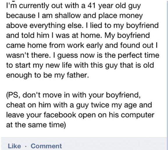 Funny Facebook post caught cheating and victim posts as cheater