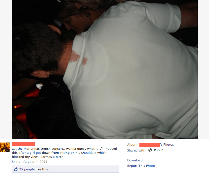 funny facebook post girl menstruating while on guys shoulder at concert