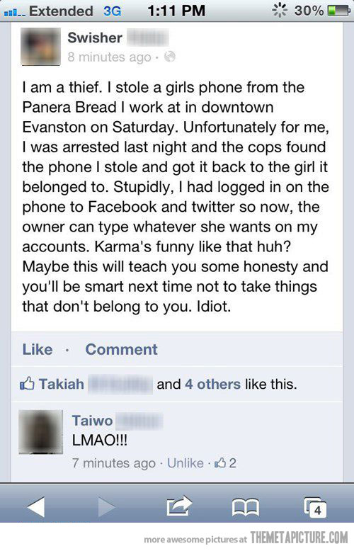 Funny Facebook post logged into FC on stolen phone