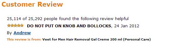 Veet for men hair removal amazon comment DO NOT PUT ON KNOB AND BOLLOCKS