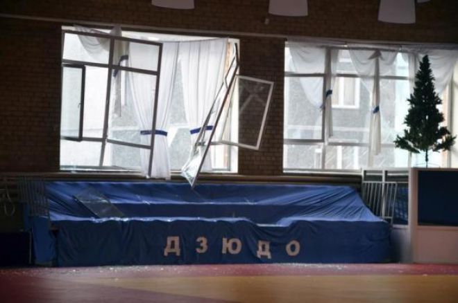 February 15, 2013: Broken windows and debris are seen inside a sports hall following sightings of a falling object in the sky in the Urals city of Chelyabinsk, Russia.