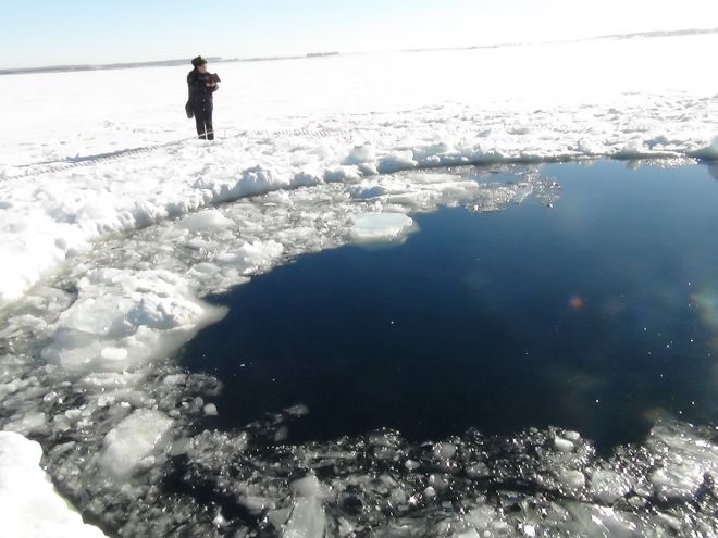 Friday, Feb. 15, 2013: A circular hole in the ice of Chebarkul Lake where a meteor reportedly struck the lake near Chelyabinsk, about 930 miles east of Moscow, Russia.Source: AP2013