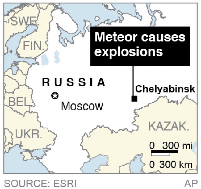 Map locates Chelyabinsk, Russia, where a meteor caused explosions in the area.  Source: AP