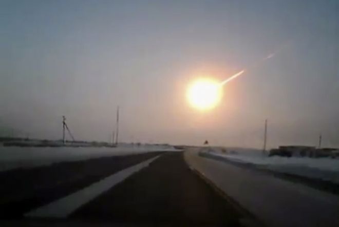 Feb. 15, 2013: In this frame grab made from a video done with a dashboard camera, on a highway from Kostanai, Kazakhstan, to Chelyabinsk region, Russia, provided by Nasha Gazeta newspaper, on Friday, a meteorite contrail is seen. (AP Photo/Nasha Gazeta)Source: AP2013