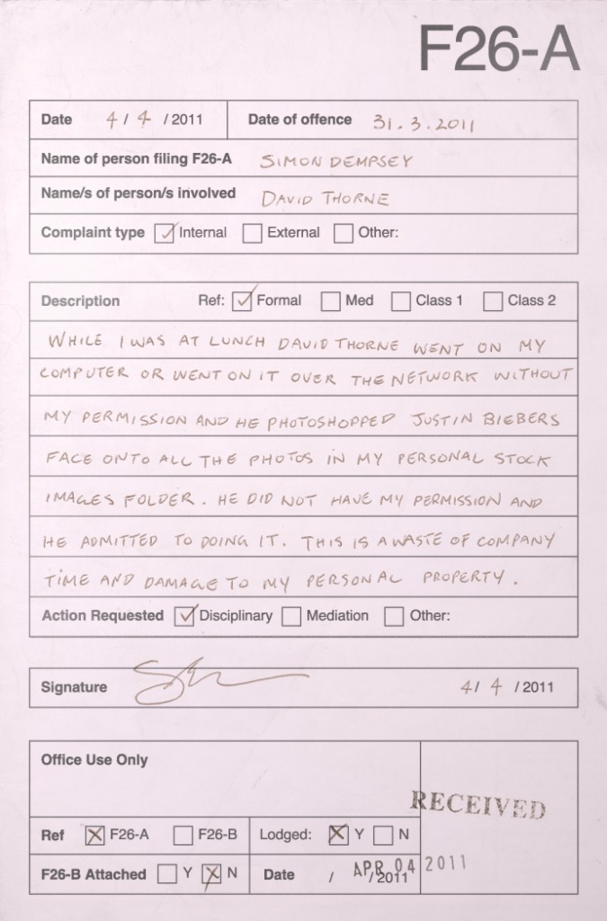 disciplinary-justin-bieber's face photoshopped on work files