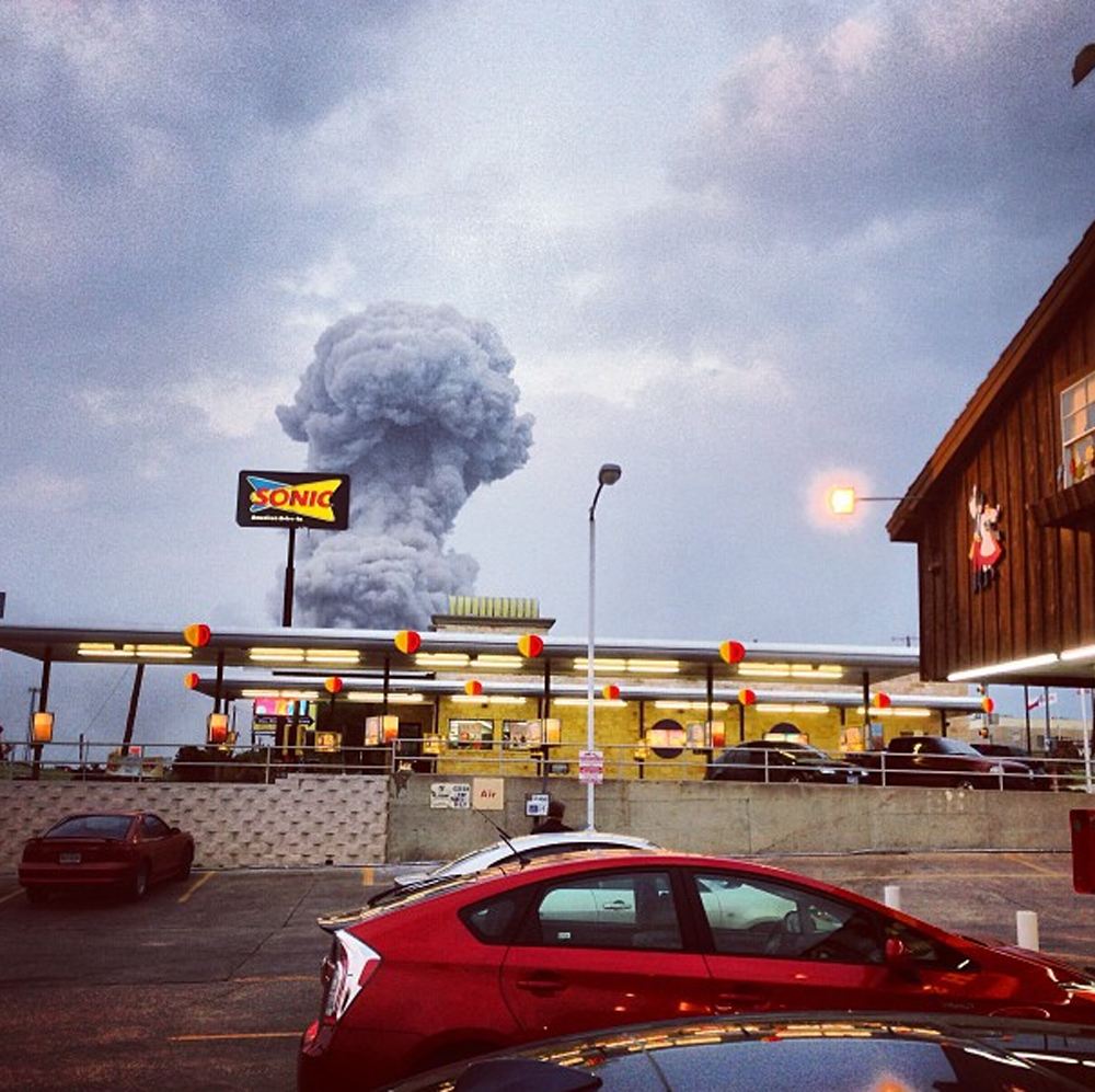 In this Instagram photo provided by Andy Bartee, a plume of smoke rises from a fertilizer plant fire in West, Texas on Wednesday, April 17, 2013. An explosion at a fertilizer plant near Waco Wednesday night injured dozens of people and sent flames shooting high into the night sky, leaving the factory a smoldering ruin and causing major damage to surrounding buildings. (AP Photo/Andy Bartee) MANDATORY CREDIT: ANDY BARTEE. Source