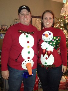 Ugly Christmas sweaters. Anatomically correct snowmen/snow-woman.
