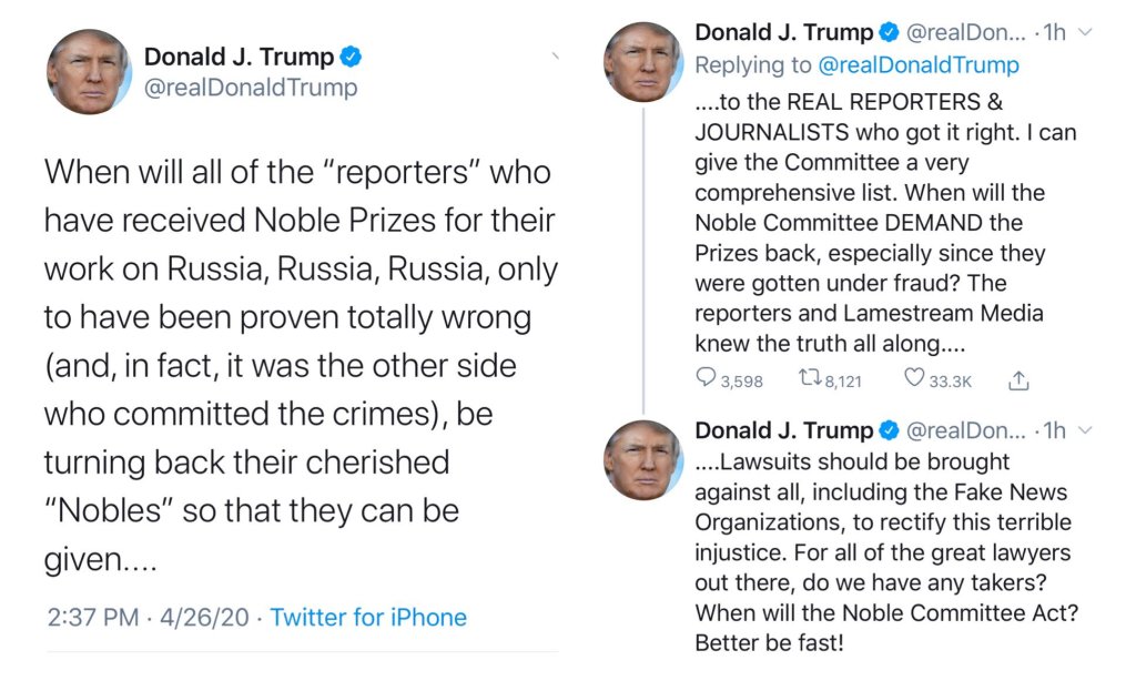 tRump experiences Noble? Nobel? or Pulitzer? Prize&nbsp;confusion